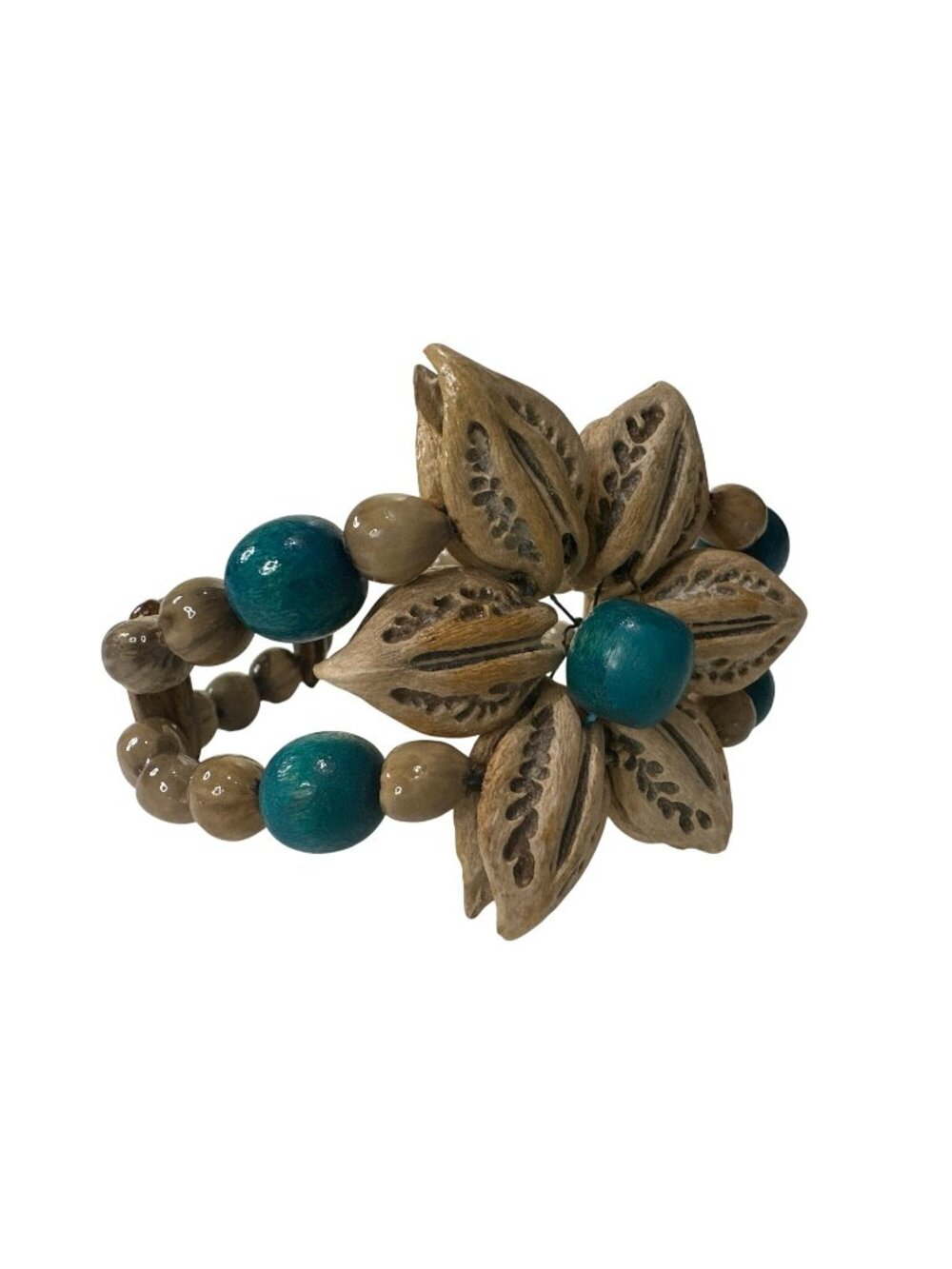 Handcrafted Wooden Beaded Bracelet Floral Design Beach Core Vacation Boho Chunky